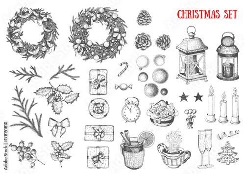 Christmas hand drawn elements for xmas design. Collection with toys, candy cane, candles, mistletoe, holly berries, wreath, balls. Vintage Xmas design set. Linear graphic. New year vector illustration