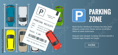 Cars in the parking lot and Parking tickets. Public car-park. Flat illustration for web. Urban transport. Large number of cars in a crowded parking.