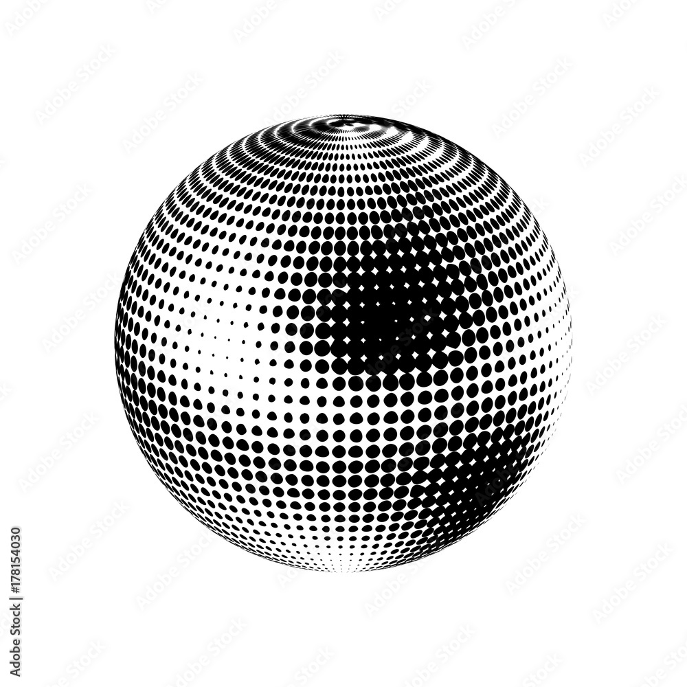 Abstract globe dotted sphere, 3d halftone effect vector background. Black and white vector illustration.