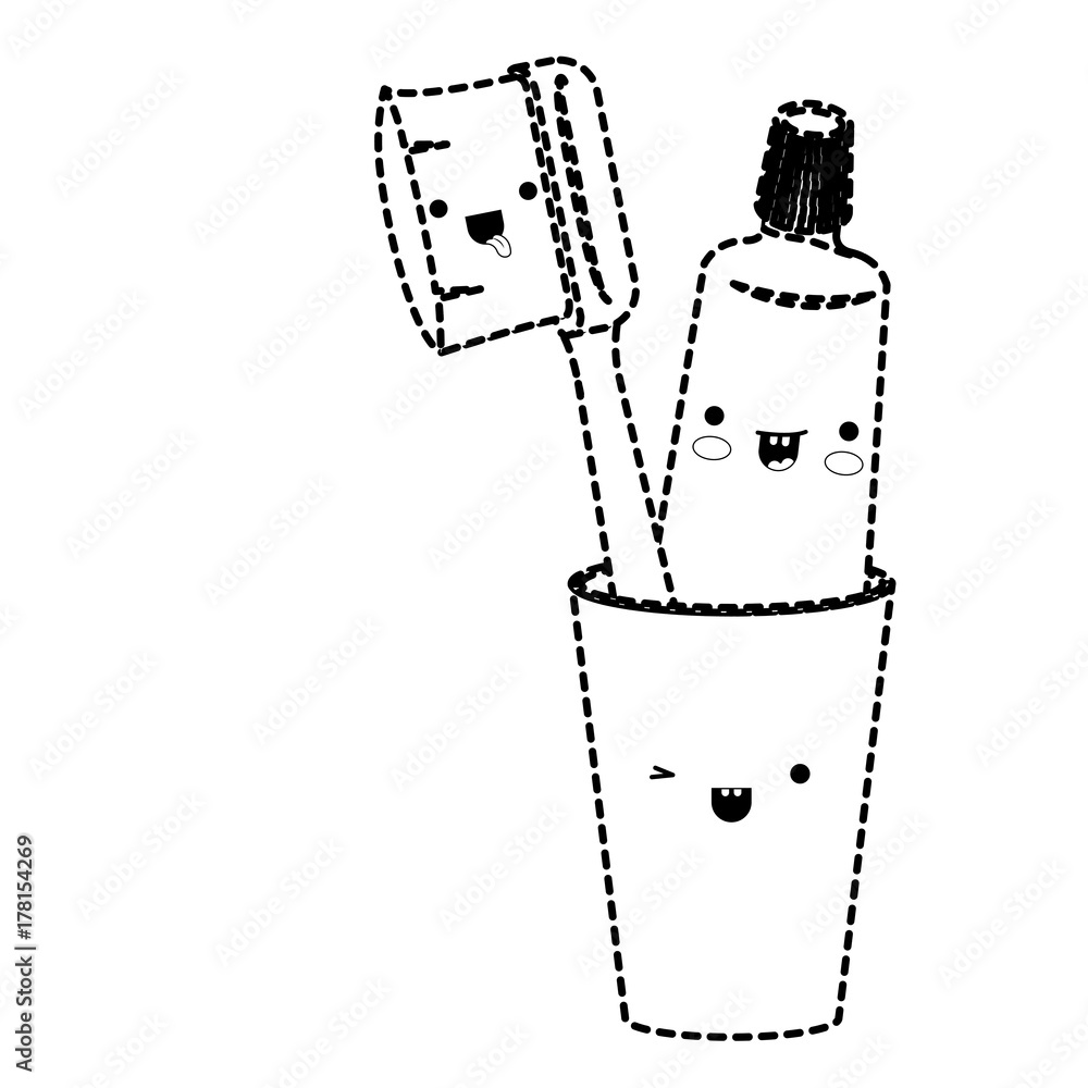 glass with toothpaste and toothbrush female kawaii in black dotted ...