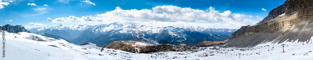 Ultra wide panorama of popular alpine ski resort Madonna di Campiglio, Italy