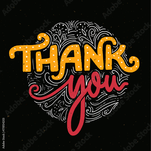Thank you card template with handmade lettering. Text for stores and social media. Orange and pink words on dark background.