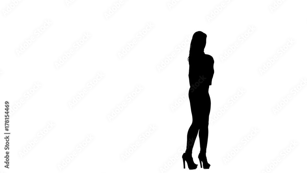 Stripper makes sexual movements with the body. Silhouette. White background