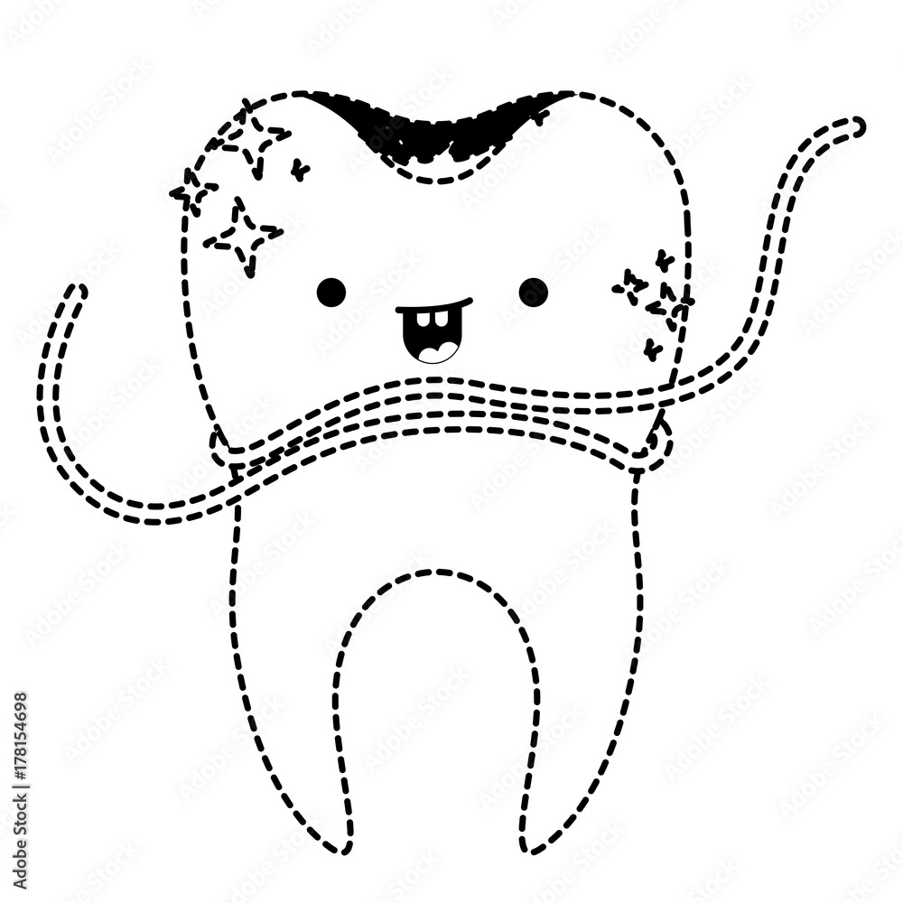 kawaii tooth with root and dental floss around in black dotted silhouette kawaii tooth with root and dental floss around in black dotted silhouette