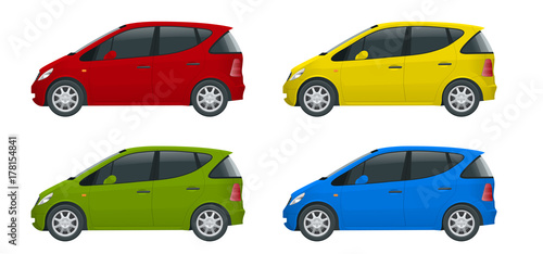 Small Compact Electric vehicle or hybrid cars. Eco-friendly hi-tech auto. Easy color change. Template vector isolated on white View side
