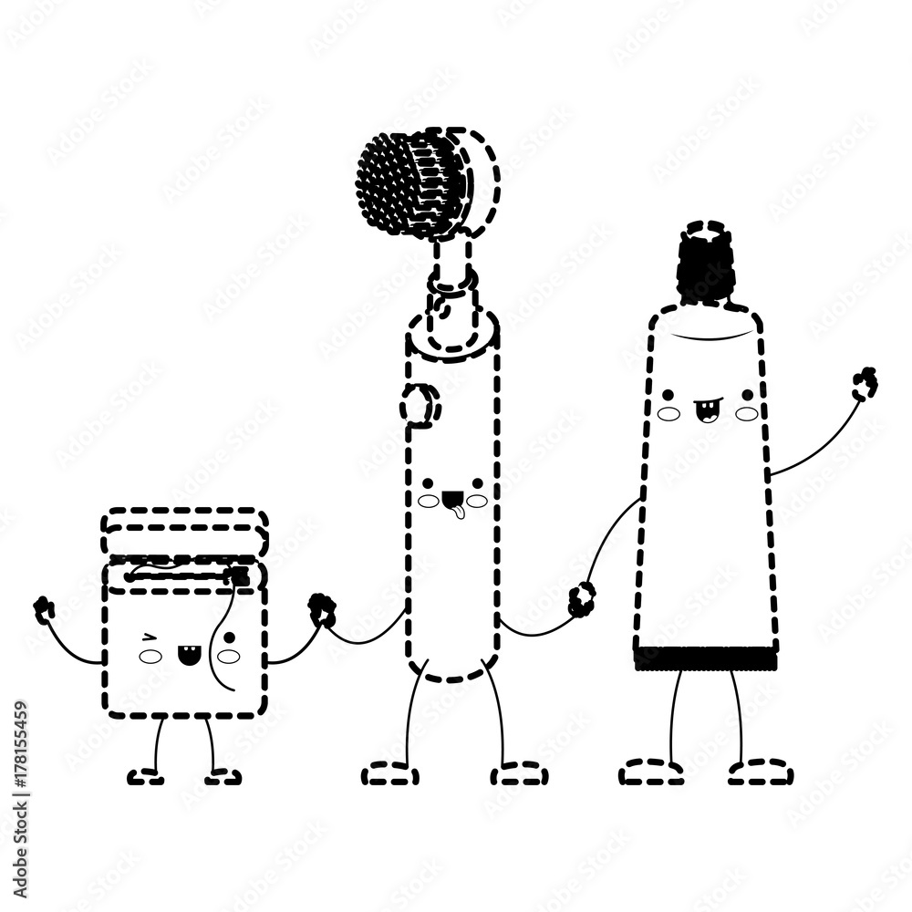 cartoon dental floss and electric toothbrush and toothpaste holding ...