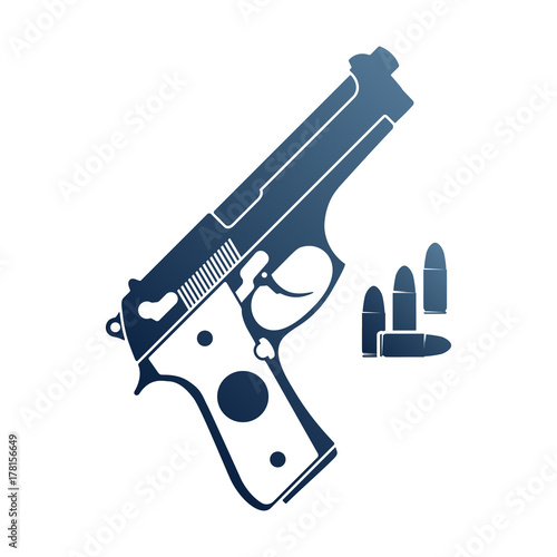 Gun and ammo. Emblem with handgun and bullets.