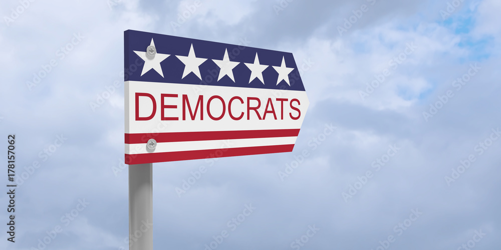 Fototapeta premium USA Politics Party Concept: Democrats Direction Sign With US Flag, 3d illustration against cloudy sky
