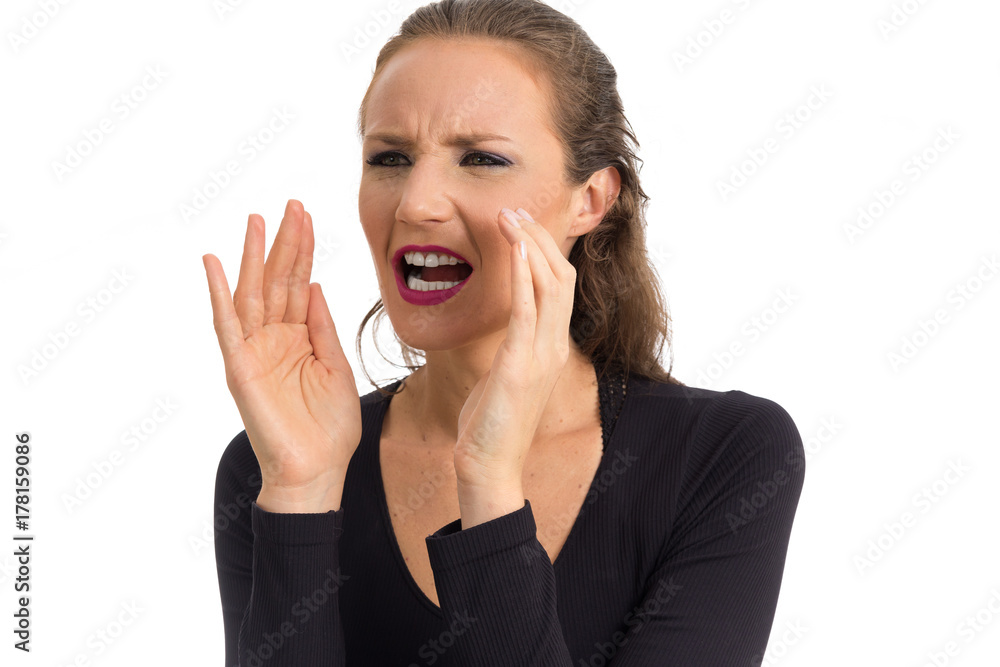 Woman shouts at someone. She has green eyes. Isolated on white background.. Woman shouts at someone. She has green eyes. Isolated on white background..