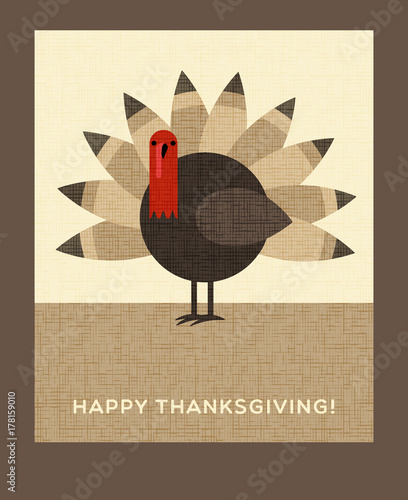 Happy Thanksgiving flat minimalist design. Colorful turkey. For greeting cards, banners, flyers, print.