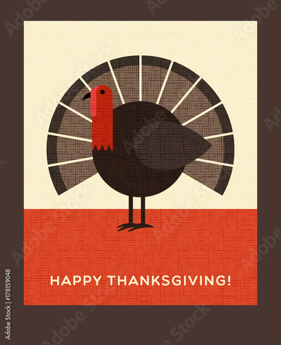 Happy Thanksgiving flat minimalist design. Colorful turkey. For greeting cards, banners, flyers, print.