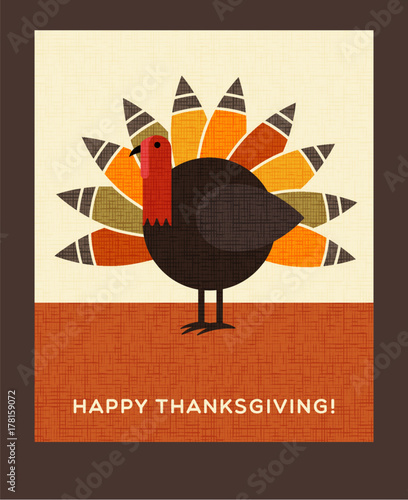 Happy Thanksgiving flat minimalist design. Colorful turkey. For greeting cards, banners, flyers, print.