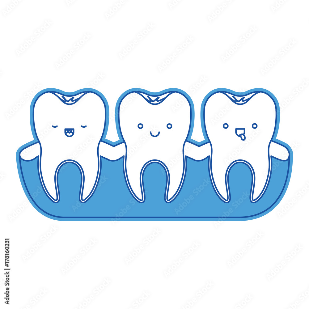 teeth kawaii with root of the tooth at sight in blue silhouette teeth kawaii with root of the tooth at sight in blue silhouette