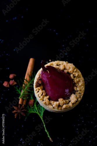 crumble tart with poached pears