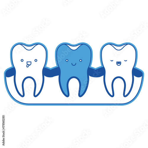 teeth kawaii expression with root of the tooth at sight in blue silhouette
