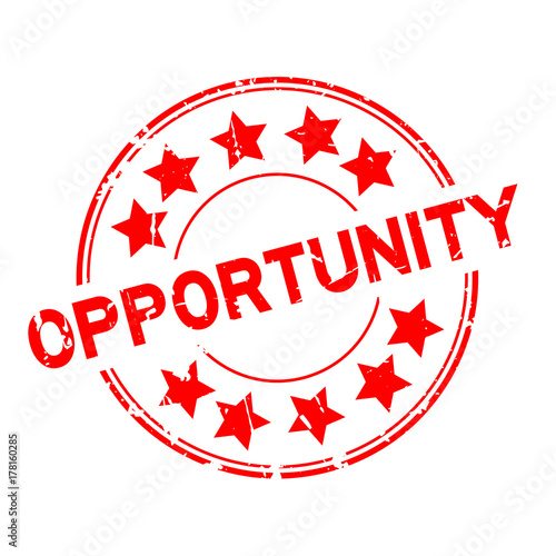 Grunge red opportunity with star icon round rubber stamp on white background