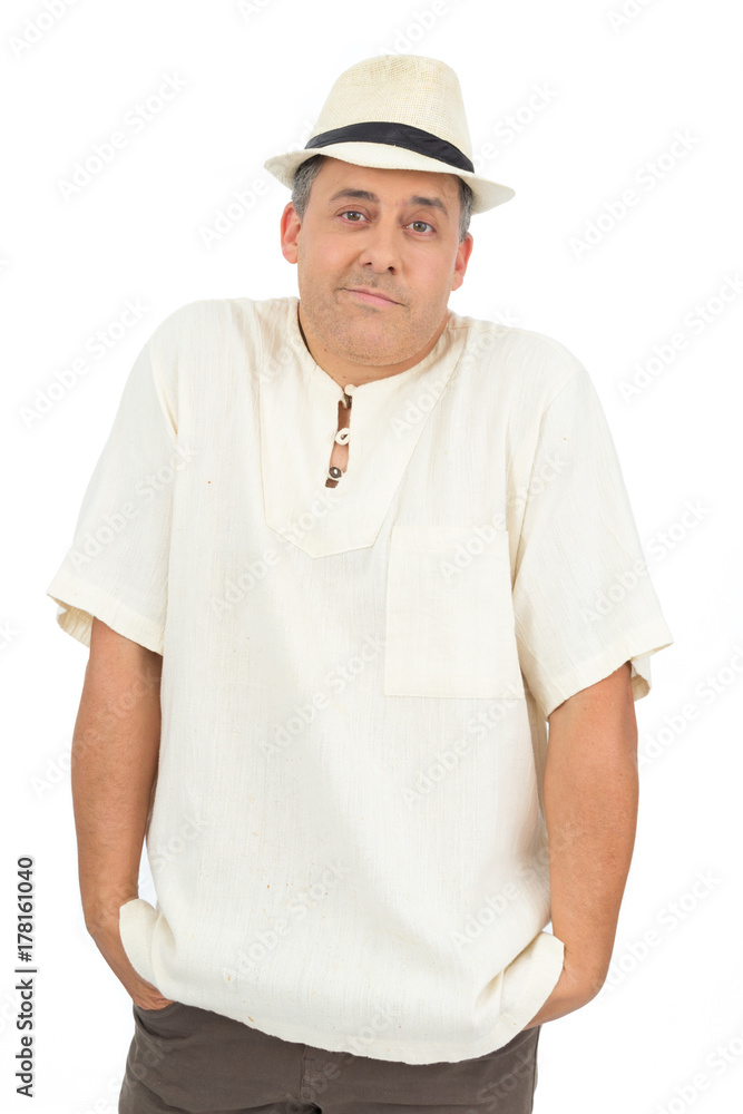 Quiet man is indifferent to problems. Traveler is wearing comfortable white hippie robe.. Quiet man is indifferent to problems. Traveler is wearing comfortable white hippie robe..