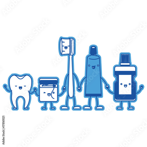 tooth and dental floss and toothbrush and toothpaste and mouthwash in cartoon holding hands in blue silhouette