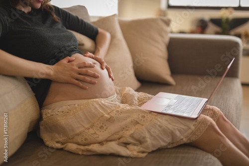Pregnant woman using laptop at home photo