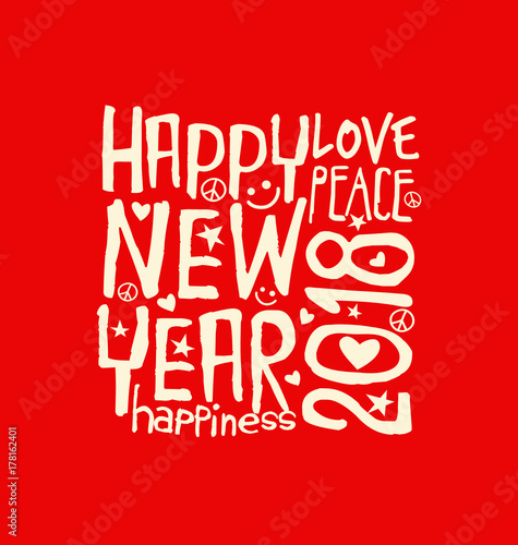 Happy New Year 2018 retro design with inspiring handwritten typography on red background.