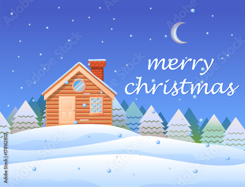 Merry Christmas with cottage and snow background vector