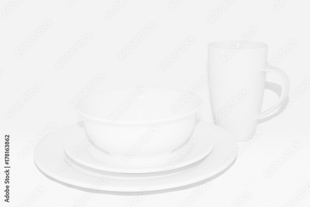 Dining Set with Mug: White Crockery on White Background Dining Set with Mug: White Crockery on White Background