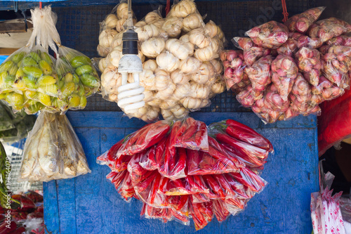 Different vegetable for selling in the local market of Bali / Ingredients for local balinese sauces 