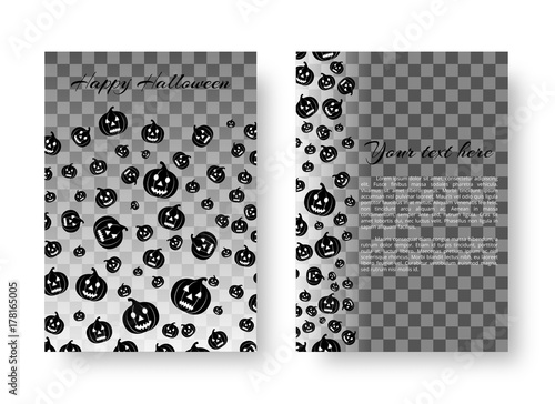 Design of a greeting card with flying black scary pumpkins for festive decoration for Halloween