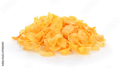Corn flakes breakfast cereal, isolated on a white background