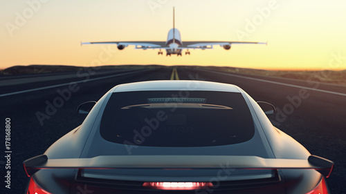 Cars parked on the street. The plane is flying up.3d render and illustration.