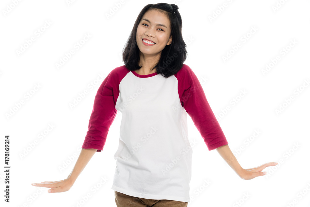 Beautiful asian woman is dancing, portrait studio on white background Beautiful asian woman is dancing, portrait studio on white background