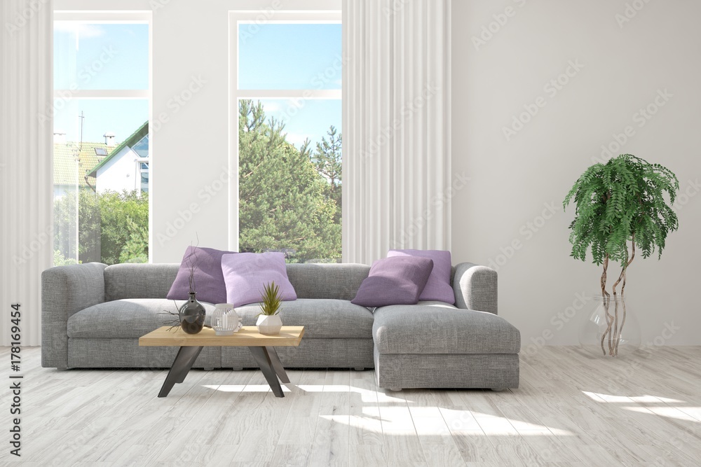 Idea of white room with sofa and summer landscape in window. Scandinavian interior design. 3D illustration Idea of white room with sofa and summer landscape in window. Scandinavian interior design. 3D illustration