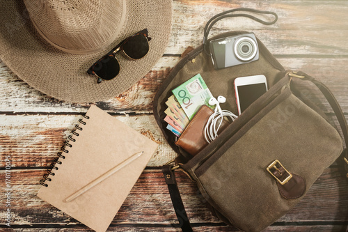 Traveler items vacation travel accessories holiday long weekend day off travelling stuff equipment background view concept 