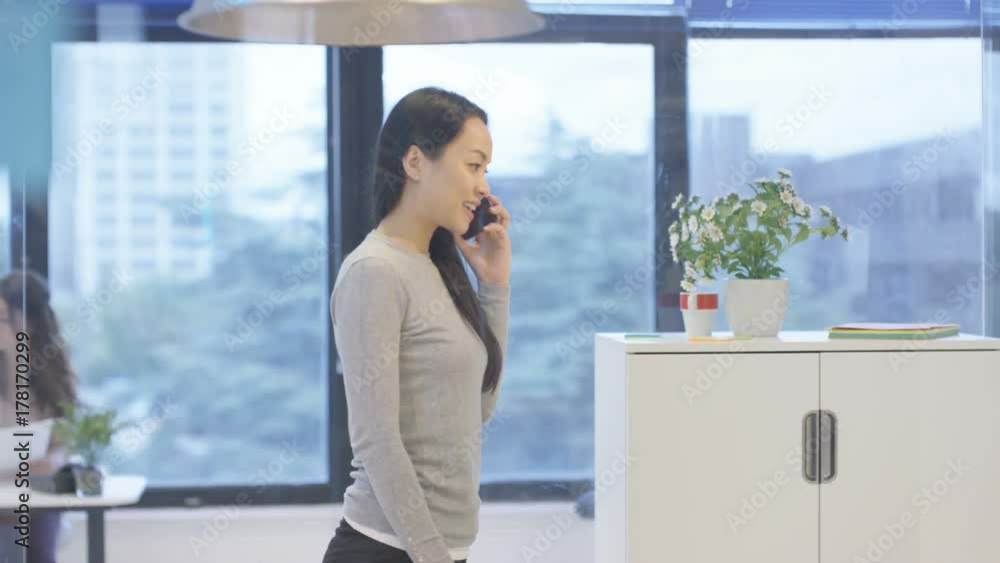 Businesswoman in office talking on phone & discussing the call with colleague Businesswoman in office talking on phone & discussing the call with colleague