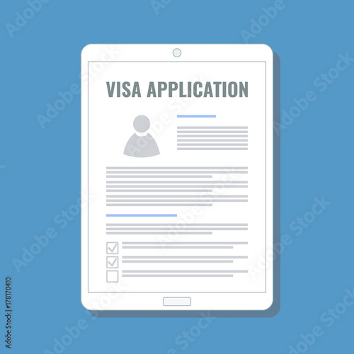 online visa application on digital tablet screen, flat design