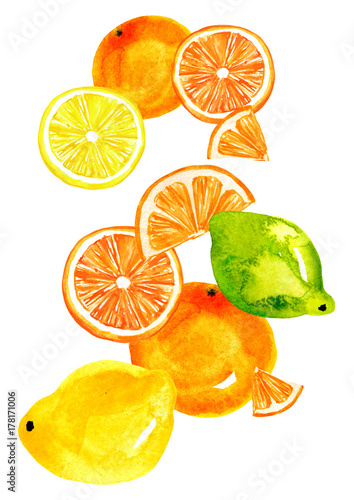 Fototapeta Naklejka Na Ścianę i Meble -  Watercolor element, composition, greeting card from orange pattern, tangerine, lime, citrus slices, splash of paint on white isolated background. Stylish detail, hand-drawn, for your design.