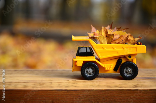 A small toy yellow truck is loaded with yellow fallen leaves. The car stands on a wooden surface against a background of a blurry autumn park. Cleaning and removal of fallen leaves. Seasonal works photo