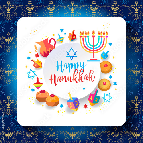 Jewish holiday Hanukkah greeting card, traditional Chanukah symbols - wooden dreidels (spinning top), Hebrew letters, donuts, menorah candles, oil jar, star of David, glowing lights, Vector template