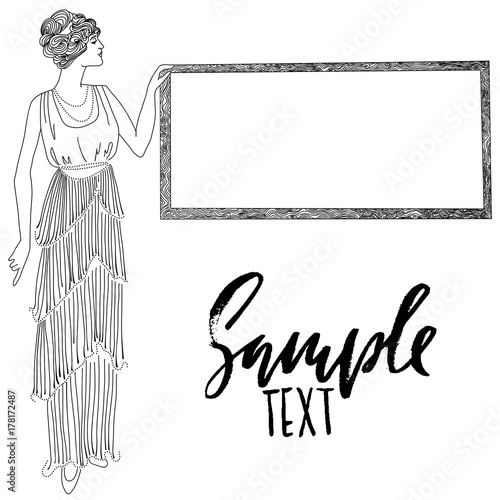 Retro style girl. Vintage card. Black and white vector illustration. Anti-stress adult coloring. Wood imitation frame. Place for text.