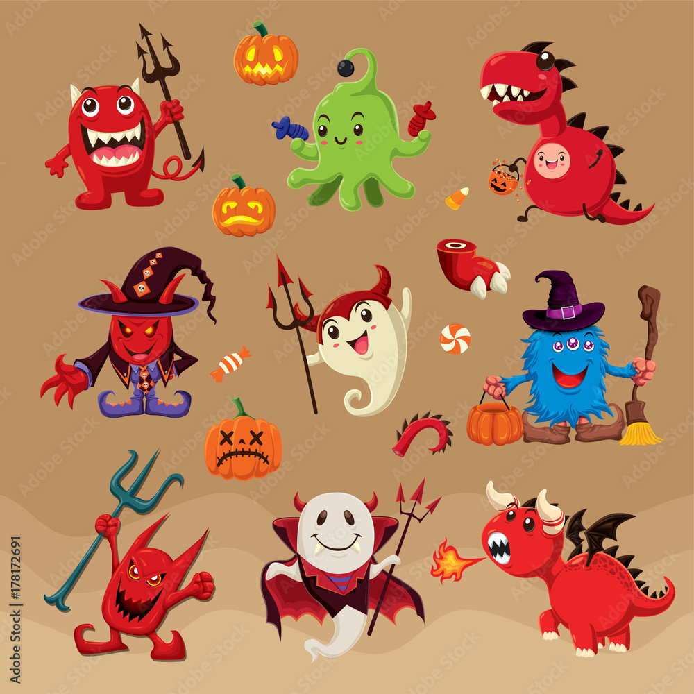 Vintage Halloween poster design with vector witch, ghost, vampire, dragon, alien characters. 