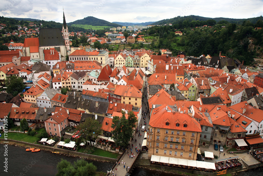 Views of the Old Town in Cesky Krumlov from Cesky Krumlov Castle, Czech Republic, Czechia