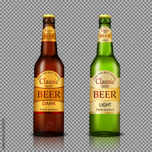Branded with label brown and green bottles of premium beer realistic vector illustration isolated on transparent. Traditional alcohol drink tare template for product mock-up or advertising design