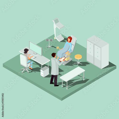 Vector isometric gynecology room with gynecological chair, couch, diagnostic equipment, computer, medical personnel and patient. Concept of early infertility diagnosis, taking care of womens health