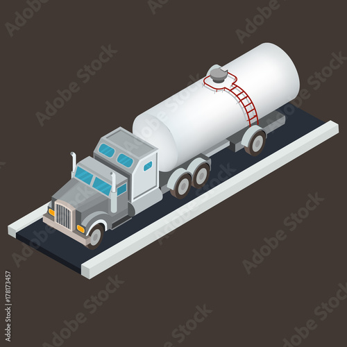 Vector isometric white tanker truck for transportation of oil, petroleum or water is on the road section. Concept of commercial transportation of liquid cargo, freight transport