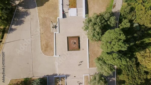 Memorial complex Cranes in Victory Park on Sokolova mountain in Saratov - a monument to Saratovites who died in the Great Patriotic War of 1941-1945, From Dron, HEAD OVER SHOT photo