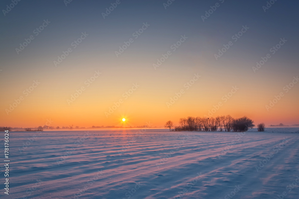 Amazing winter landscape at sunset with snow covered fields and trees in background in continental Croatia. 