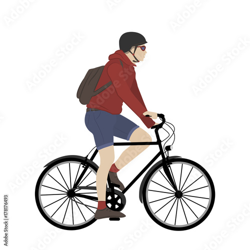 Fototapeta Naklejka Na Ścianę i Meble -  Urban city bicycle rider. Adult male bike commuter. Young man wearing red hoodie, blue shorts, backpack, helmet, glasses. City transportation. Isolated character on white background.