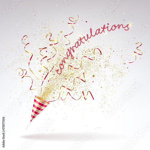 Congratulatory Background of Party Popper with Gold Confetti