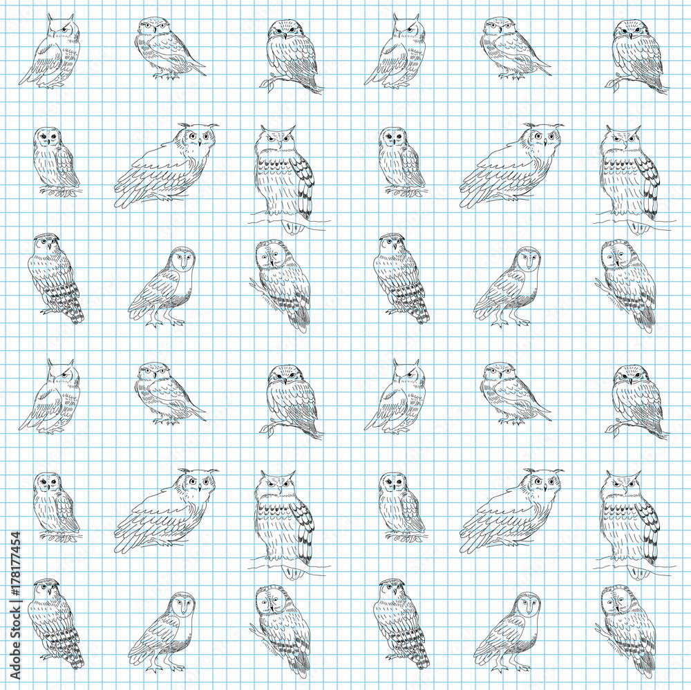 Fototapeta premium Seamless texture with owls on a background of a sheet of paper