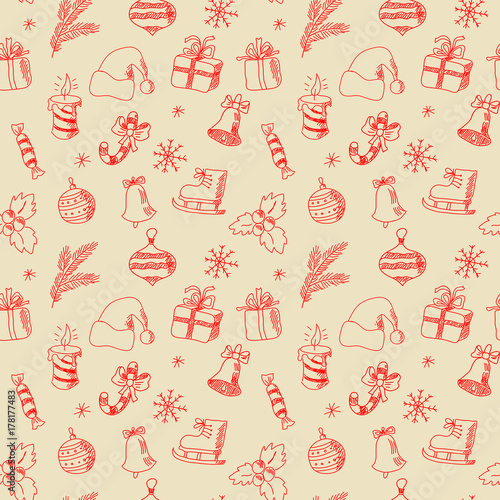 Seamless texture with a set of stylized New Year elements